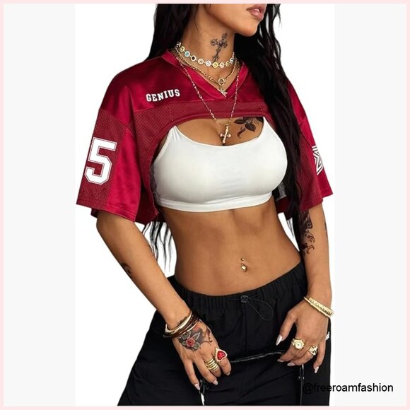 Tops - Mesh Football Jersey Shrug Crop Top Short Sleeve Y2K Streetwear Shirt